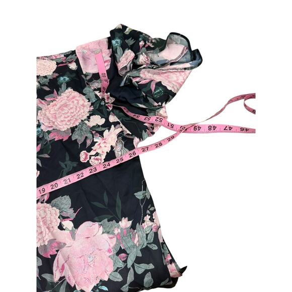 Victoria’s Secret Navy Blue Floral Satin Ruffle Sleeve Short Robe Lingerie M/L - Picture 6 of 7